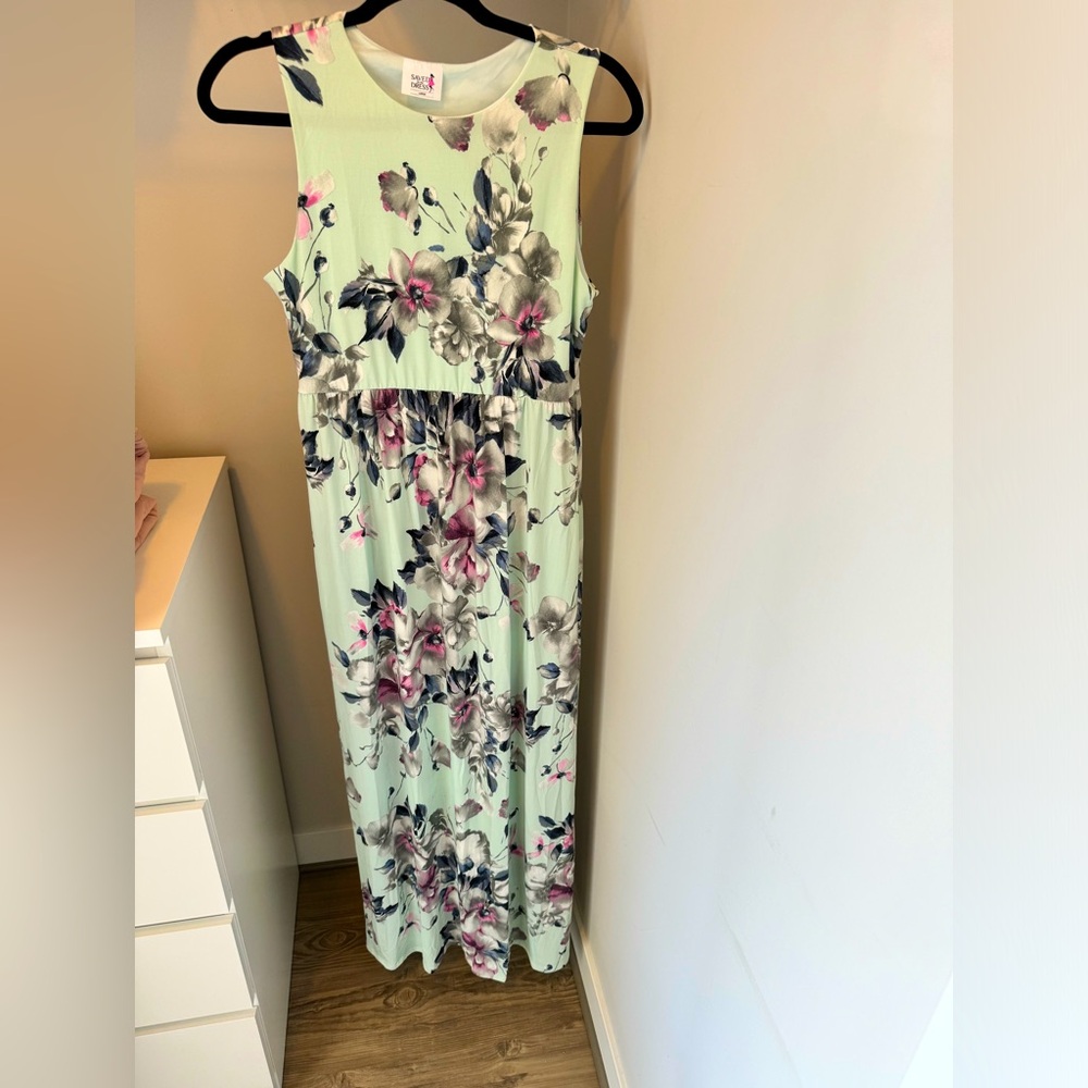 Dusty Mint Floral Racerback Maxi Dress with Pockets